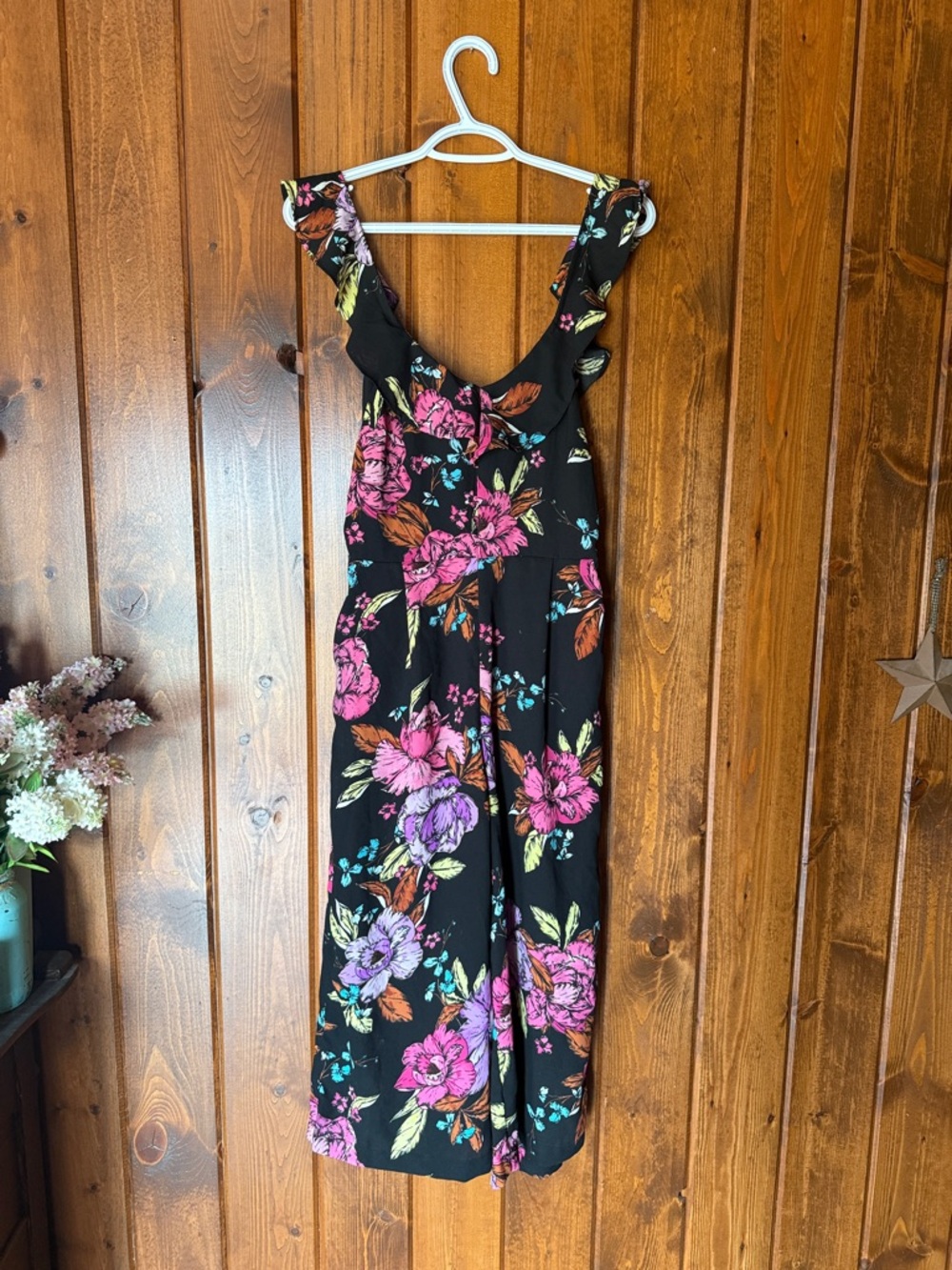 Japna Black Floral V-Neck Wide-Leg Jumpsuit with Pink & Purple Blooms